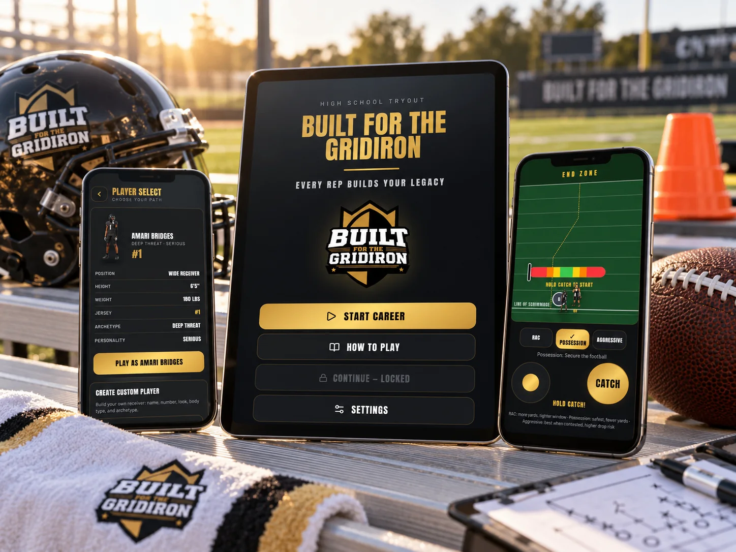 Built for the Gridiron football web app shown across player selection, home, and gameplay screens